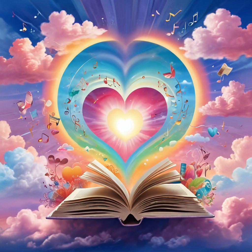 A serene digital landscape filled with colorful, floating digital files representing various media, such as music, books, and art, swirling around a glowing heart symbol. In the background, a whimsical cloudscape with sun rays beaming down, signifying untethered access and connection to one's favorite digital treasures. soft pastel colors. dreamy illustration. vibrant and inviting.