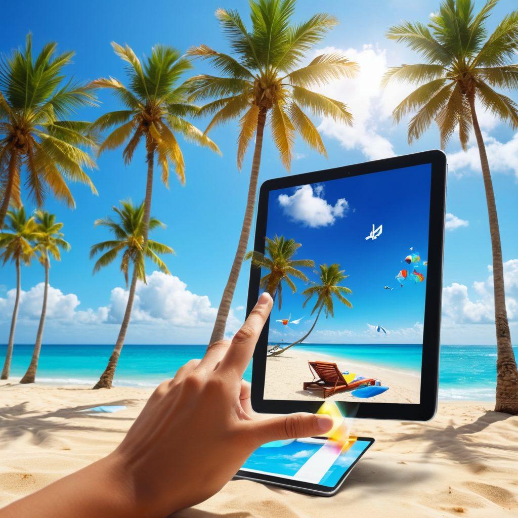 A person lounging on a sunny beach, joyfully using a tablet to download content wirelessly, with vibrant digital icons like music, movies, and books floating around them. Palm trees sway in the background, symbolizing relaxation and freedom. The sky is a bright blue with fluffy clouds, representing a carefree lifestyle. super-realistic. vibrant colors. beach setting.