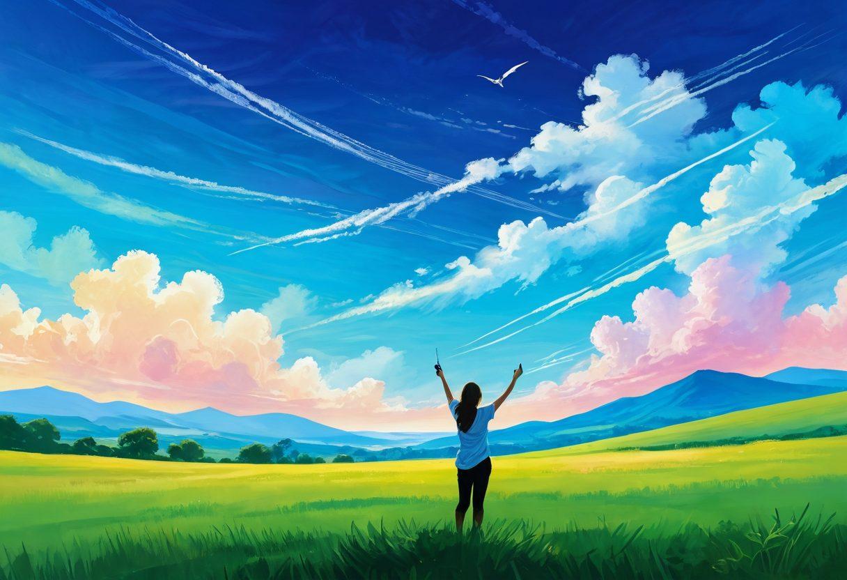 A serene landscape depicting a vast, open field under a bright blue sky, with a person joyfully using a wireless device, symbolizing freedom and connectivity. Wisps of colorful cloud trails in the sky represent digital waves, while ethereal birds soar above. Lush greenery surrounds the scene, enhancing the feel of openness and liberation. Illustrate this in a painterly style, with vibrant colors and soft brushstrokes.